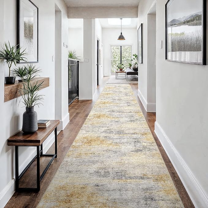 3x18 Washable Kitchen Runner Rug: Modern Abstract Runners for Hallway Soft Non Slip Rugs with Rubber Backing Low Pile Thin Waterproof Floor Carpet for Entryway Bedroom Bathroom Indoor 3x18 Grey/Yellow