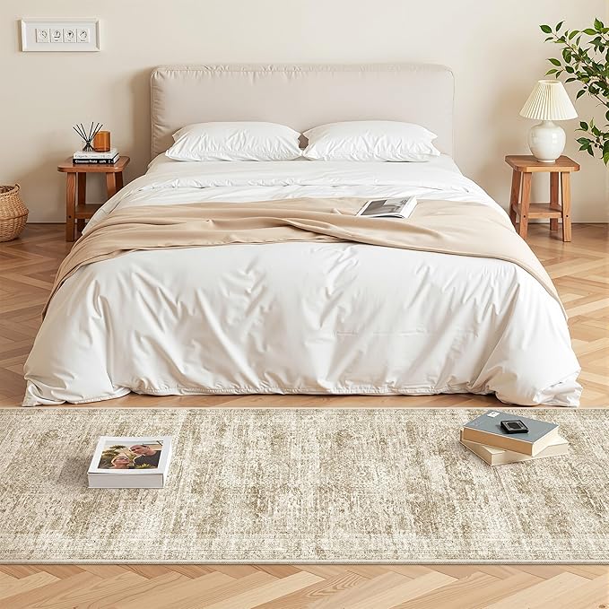 2x5 Rug Runner Washable for Entryway, Soft Bathroom Rugs with Non-Slip Backing, Abstract Low Pile Hallway Runner, Vintage Small Kitchen Carpet for Stair, Laundry Room(2'x5', Brown/Ivory)