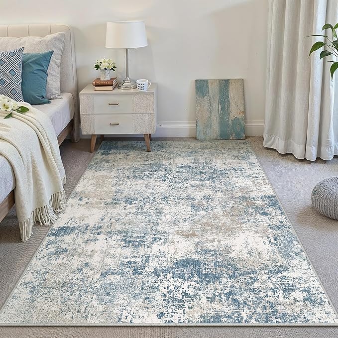 PureCozy Blue 4x6 Area Rug Washable Abstract Office Carpet Modern Neutral Non Slip Indoor Entry Soft Low Pile Contemporary Aesthetic Door Mat Bedroom Throw Rug for Kitchen Laundry Dining Room