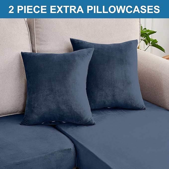 Couch Cover 6-Piece Elastic Velvet Couch Cushion Covers & Chaise Slipcovers for L-Shaped Sofas, Sofa Seat Covers Washable, Soft Cover for Couches (5 Seater + Chaise, Berlin Blue)
