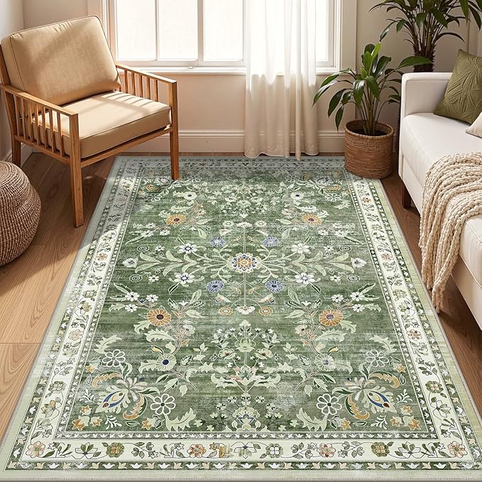 Yamaziot Washable Area Rug 4x6, Non-Slip Boho Floral Living Room Rug with Rubber Backing, Low Pile Distressed Carpet for Bedroom, Living Room, Dining Room, Green