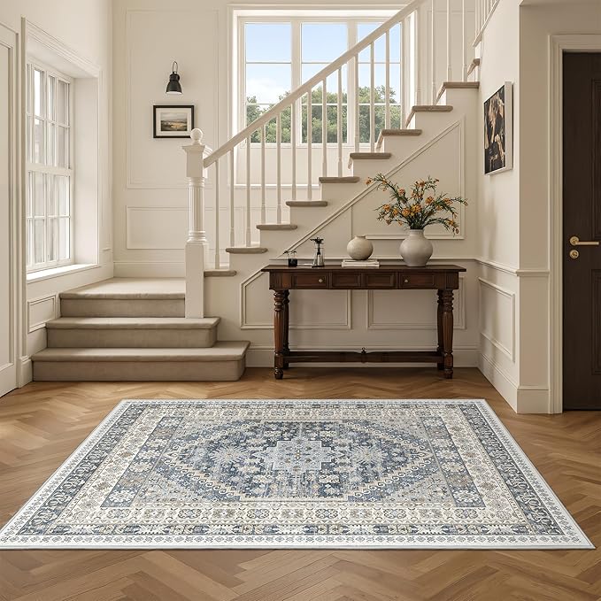 4x6 Area Rugs for Living Room, Non-Slip Backing Small Kids Rugs for Bedroom, Vintage Floral Rug Home Decor, Low Pile Soft Washable Rug for Kitchen, Dining Room (Blue/Beige,4'x6')