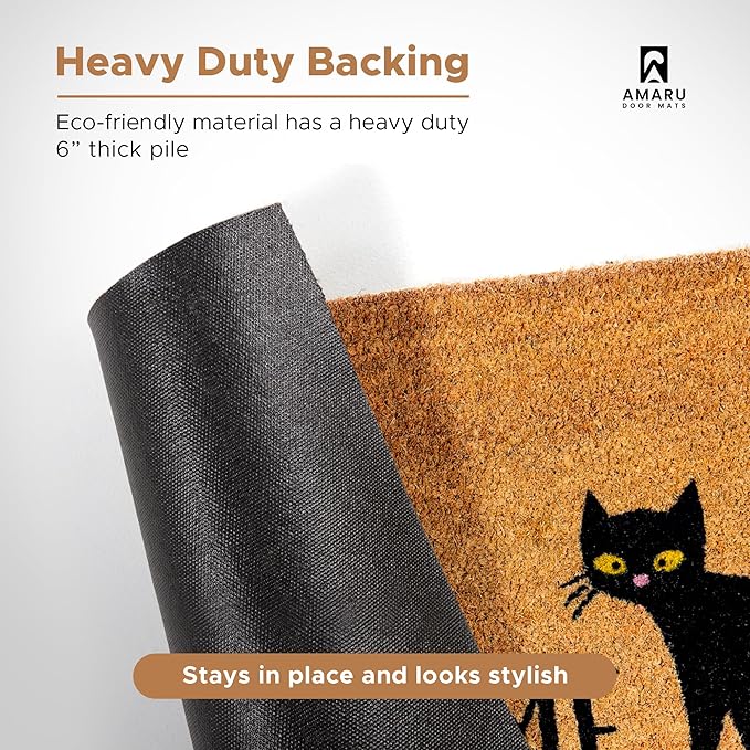Black Cat - 17"x29" - Coir Door Mat with Heavy Duty Backing - Welcome Mats for Entryway, Porch - Anti-Slip PVC & Coconut Fiber Surface - Natural Home Accessories, Minimalist Original Design