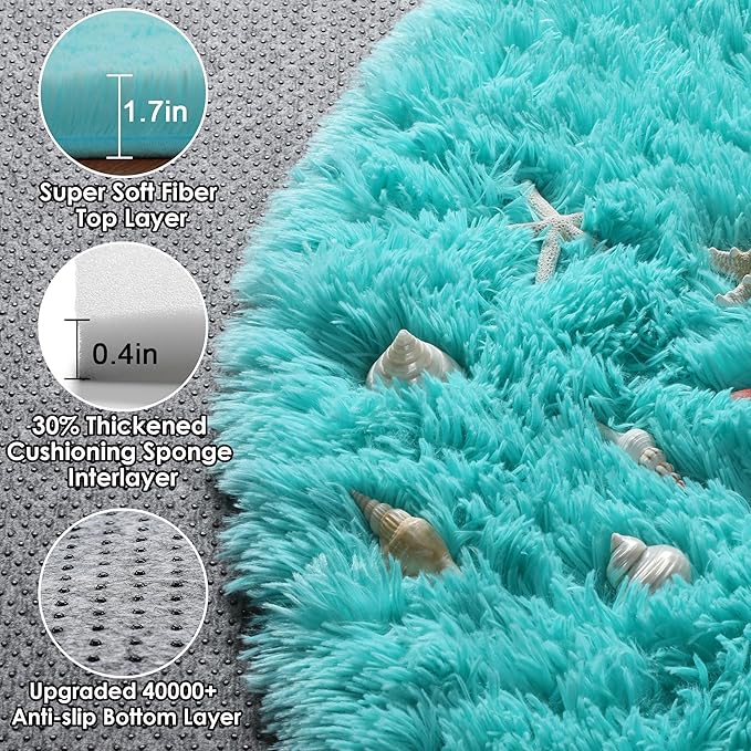 ONASAR Teal Blue Round Area Rug 4ft, Soft Fluffy Bedroom Bedside Floor Circle Rugs for Kids Girls Boys Teen Room, Cute Fuzzy Furry Plush Shaggy Carpet for Nursery Living Room Playroom Dorm Home Decor