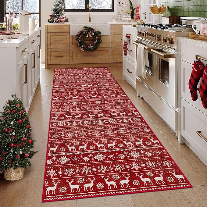 Christmas Runner Rug 2x6 Washable Rugs, Boho Christmas Tree Snowflake Rug Non-Slip Soft Low Pile Non Shedding Indoor Holiday Carpet for Bedroom Bathroom Laundry Staircase Foyer (XmasRed, 2'x6')
