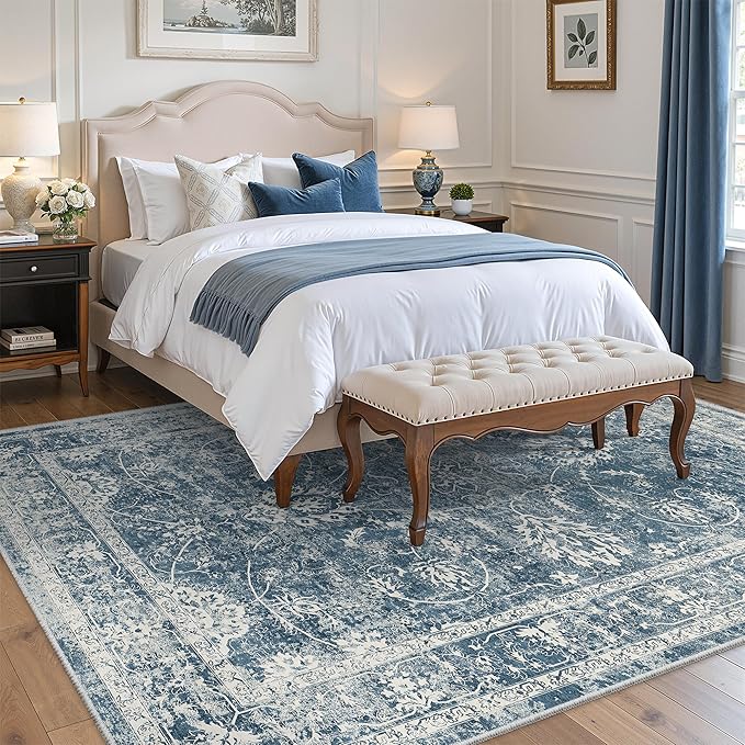 Madane Washable 6x9 Area Rugs for Living Room, Vintage Rug with Non-Slip Backing, Soft Stain Resistant Throw Rugs Thin Carpet for Bedroom Dining Room Farmhouse (6 x 9, Cadet Blue)