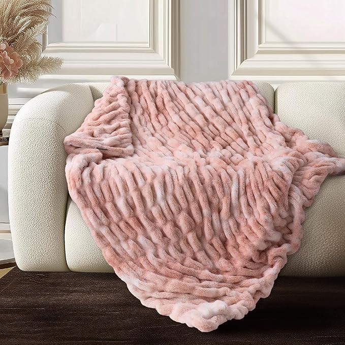 Ultra Soft Cozy Faux Fur Throw Blanket, Fuzzy Plush Thick Bubble Blanket, Oversize Luxury Fluffy Blanket for Couch, Sofa, Bedroom, and Living Room,50x60 Inches,Double Sided Tie-Dye Pink
