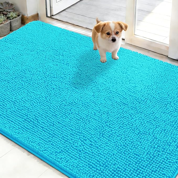 OLANLY Dog Door Mat for Muddy Paws 50x30, Absorbs Moisture and Dirt, Absorbent Non-Slip Washable Doormat, Quick Dry Chenille Mud Mat for Dogs, Entry Indoor Entryway Carpet for Inside Floor, Aqua Blue