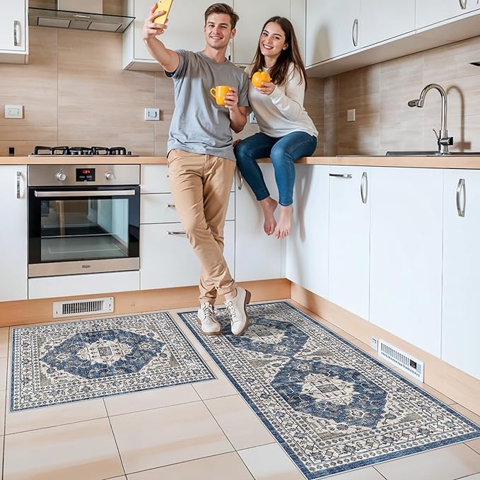 Kitchen Sink Rugs Set 0f 2: Washable Non-Slip Hardwood Floor Mat for Stove Dishwasher Fronts Soft Stain Resistant Carpet for Cooking Area & Fridge Boho Home Decor for High Traffic Area(2x3+2x4,Blue)