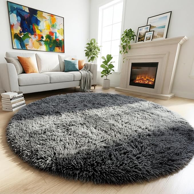 Grey Round Rugs 5Ft for Living Room Bedroom Aesthetic, Fluffy Fuzzy Shag Shaggy Circle Area Rug for Kids Room Decor, Furry Soft Plush Indoor Floor Gray Carpet for Baby Nursery Preppy Dorm Home Office