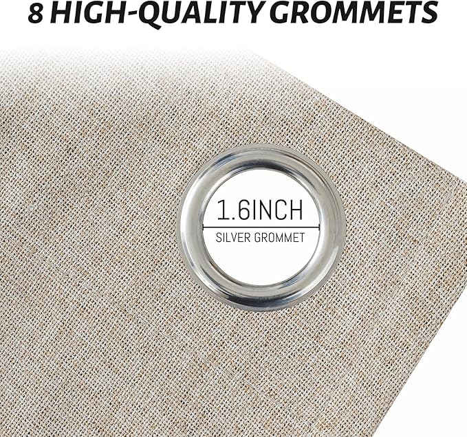 Yakamok Natural Linen Curtains 100% Blackout 63 Inches Long,Room Darkening Textured Curtains for Living Room Thermal Grommet Bedroom Curtains 2 Panels with Greyish White Liner