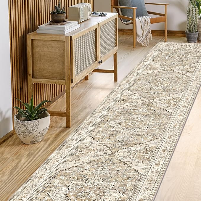 Yamaziot Washable Runner Rug, 2'3" x 14' Non-Slip Boho Vintage Hallway Rug Runner with Rubber Backing, Stain Resistant Low Pile Distressed Carpet Runner for Bedroom, Kitchen, Laundry, Entrance