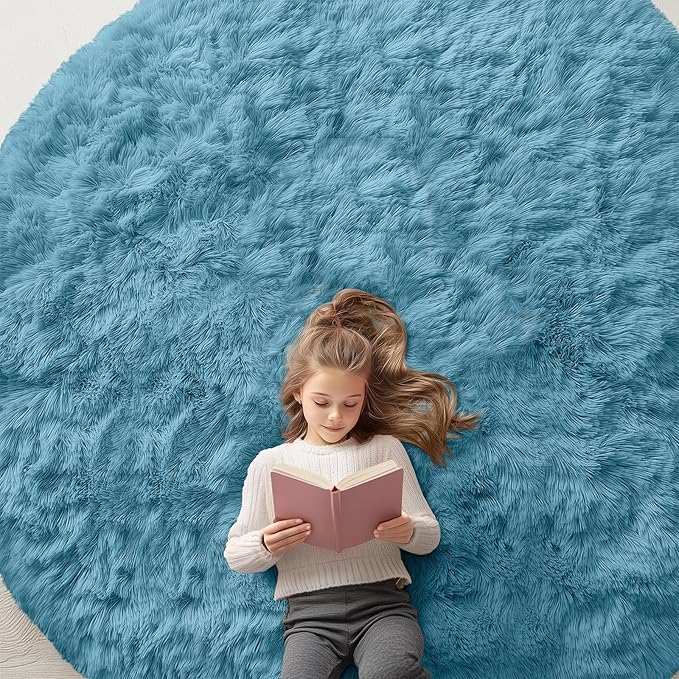 OLANLY Slate Blue Round Rugs for Bedroom - Machine Washable, 5 ft Circle Area Rugs for Living Room, Soft and Fluffy Shaggy Carpet for Teen Girl and Boys, Nursery Rooms, Dorms, Home Decor Aesthetic