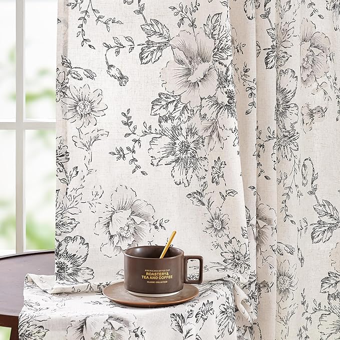 jinchan Floral Curtains for Living Room 84 Inch Length Farmhouse Printed Curtain Rod Pocket Back Tab Black Peony Flower Patterned Drapes Bedroom Window Curtains Set 2 Panels 25% Linen 75% Polyester