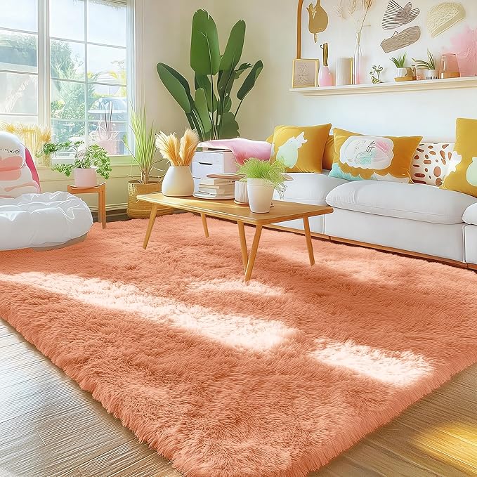 OLANLY Area Rugs for Living Room Bedroom, Machine Washable 4x5.9 ft Soft Fluffy Shaggy Bedside Rug, Indoor Floor Carpet for Kids Girls and Boys, Dorms, Nursery Rooms, Home Decor, Muted Orange