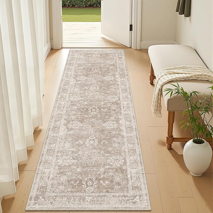 Madane 2x6 Washable Runner Rug Non-Slip, Vintage Kitchen Hallway Rug with Rubber Backing, Soft Low Pile Throw Carpet Runner for Entryway Laundry Bathroom Bedroom Living Room (2 x 6, Brown/Sand)