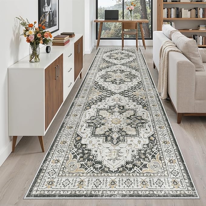 Madane Hallway Rug 3x10, Kitchen Rugs Washable Entryway Rug Vintage Kitchen Runners Non Slip Indoor Area Rug Farmhouse Carpet Runner for Bathroom Living Room Bedroom, Black