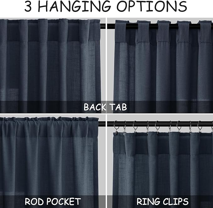 Nanspring Vintage Blue Linen Curtains 96 Inches Long 2 Panels Set for Living Room Bedroom Back Tab Rod Pocket Semi Sheer Light Filtering Drape for Bedroom Vintage Country Decor Protect Privacy 52x96