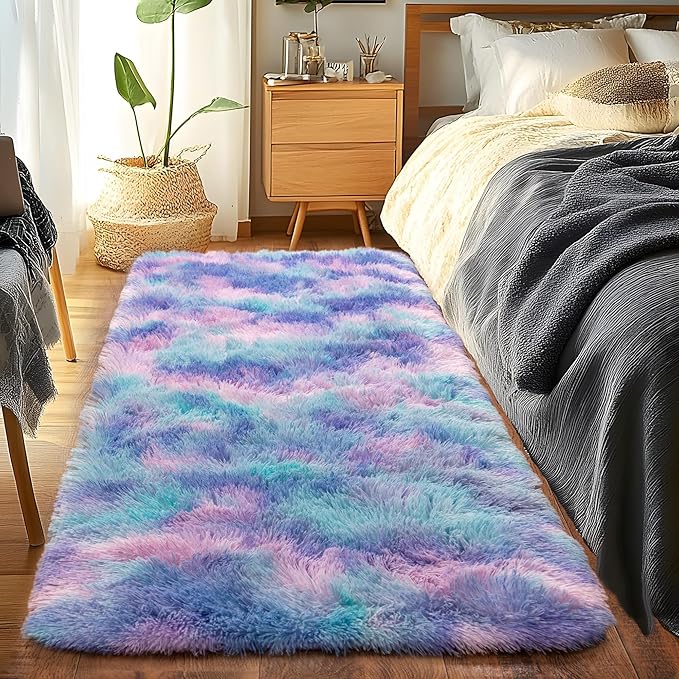 Runner Rugs for Bedroom 2x6 Rug Runners for Hallways Non Slip Soft Shag Bedside Rug, Fluffy Area Rug Throw Rugs for Living Room, Floor Carpet Runner for Nursery Kids Dorm, Rainbow Purple