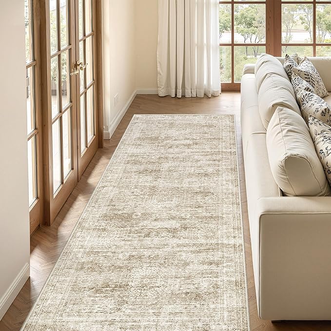 3x8 Runner Rug Non Slip Washable for Entryway, Vintage Hallway Runner for Front Porch, Laundry Room, Bedroom, Abstract Stain Resistant Thin Indoor Kitchen Mats for Floor(3'x8', Brown/Ivory)
