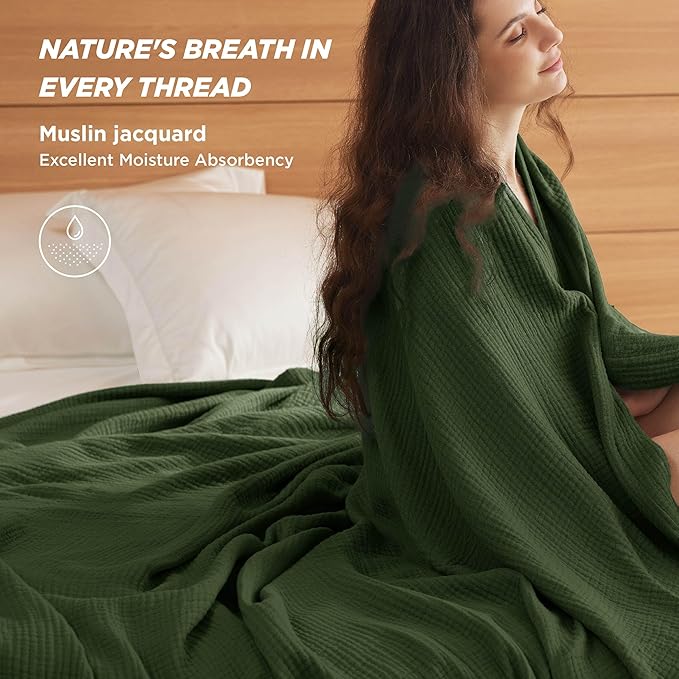 Bedsure 100% Cotton Muslin Blanket Queen Size for Bed - 4-Layer Breathable and Lightweight Thin Soft Summer Gauze Muslin Blankets for Adults, Olive Green, 90x90 Inches