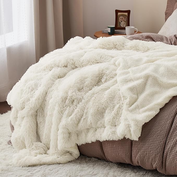 Bedsure GentleSoft Fluffy Cream Throw Blanket Decorative Blankets for Bed Couch Sofa, Cream Decor Sherpa Fleece Soft Cozy Fuzzy Plush Thick Warm Faux Fur Decorations, Ivory Girl Gifts, 50x60