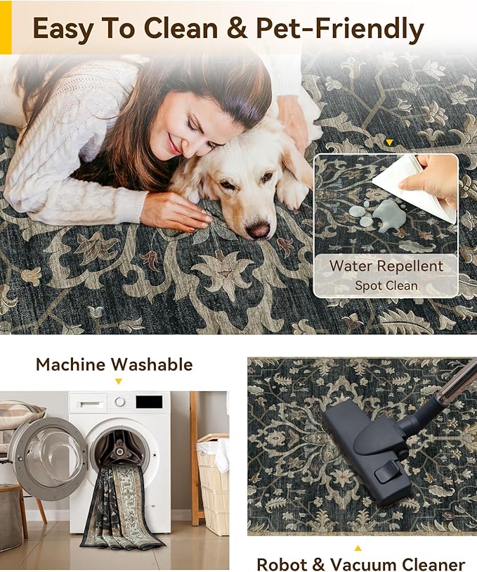 RELEANY Area Rugs 2'x6' Runner Rug Non Slip Washable for Kitchen Hallway Bedroom Beside Laundry Room Bathroom Rug, Floor Carpet, Vintage Black Brown Neutral