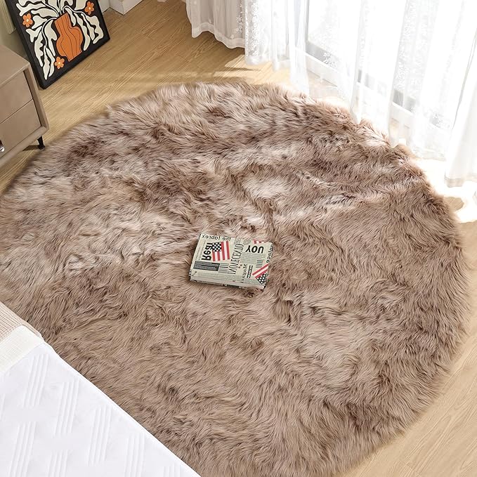 ORINOVA Beige Round Rugs 6ft Fuzzy Faux Sheepskin Washable Fluffy Fur Area Rugs for Bedroom Large Circle Nursery Living Room Shag Rug