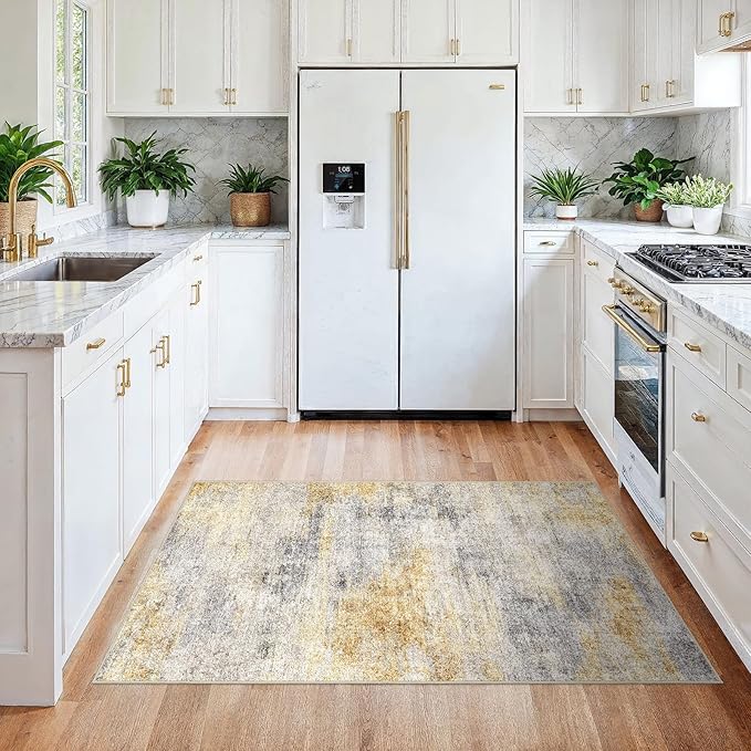 3x4 Washable Entryway Area Rug: Modern Abstract Small Runner Rug for Hallway Soft Non Slip Door Mat with Rubber Backing Low Pile Thin Floor Carpet for Kitchen Bathroom Bedroom Indoor 3x4 Grey/Yellow