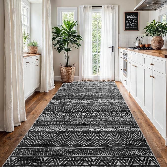 4x8 Washable Hallway Runner Rug：Moroccan Non-Slip Wide Runners for Entryway Kitchen Soft Modern Geometric Low-Pile Rugs for Living Room Thin Waterproof Carpet for Bedroom Bathroom Laundry(Black,4x8)