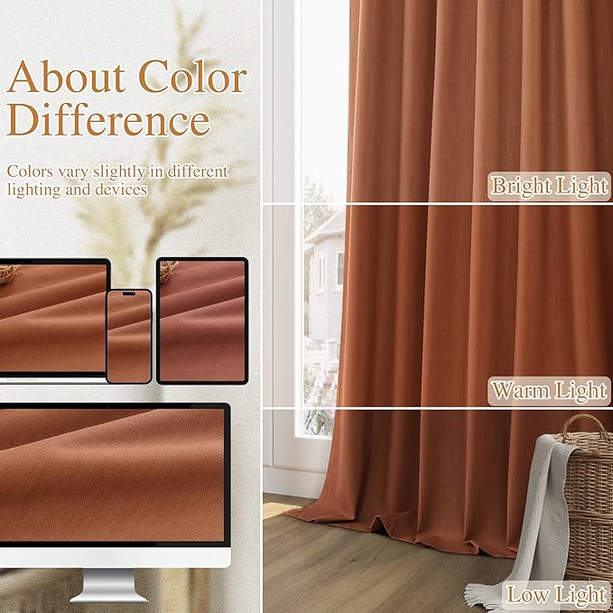 Guken Terracotta 100% Blackout Curtains 96 Inch Length 2 Panels Set Fall Curtains for Living Room Bedroom Back Tab Thermal Insulated Black Out Linen Drapes, 52x96