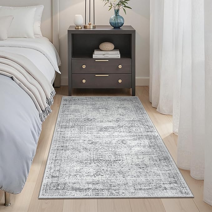 3x4 Rug, Small Area Rug for Kitchen, Entryway, Machine Washable Non-Slip Throw Rug, Vintage Carpet for Nursery Coffee Table Grey