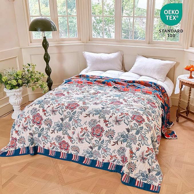 MSGKV Boho Throw Blanket 90"x90" 100% Cotton Floral Blanket for Bed Spring Breathable Lightweight Queen Blankets All Seasons Home Decor Muslin
