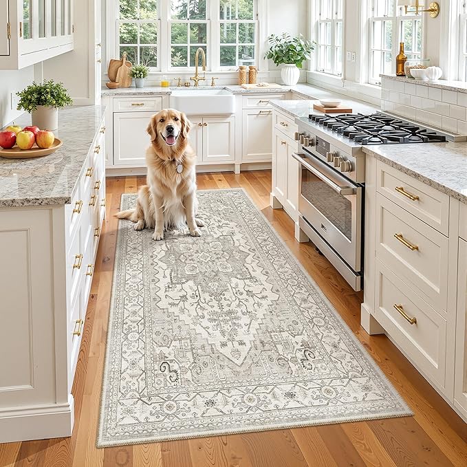 Madane Hallway Runner Rug 3x6 - Washable Kitchen Rugs Entryway Rug Runner Vintage Soft Floor Mat Non Slip Indoor Farmhouse Carpet for Bathroom Living Room Bedroom (3 X 6, Beige/Brown)