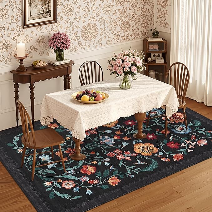 GarveeHome Washable Rug 5x7 Area Rugs for Living Room, Floral Rug for Bedroom, Soft Boho Non Slip Throw Rugs with Rubber Back, Low Pile Stain Resistant Vintage Floral Carpet for Dining Room, Black