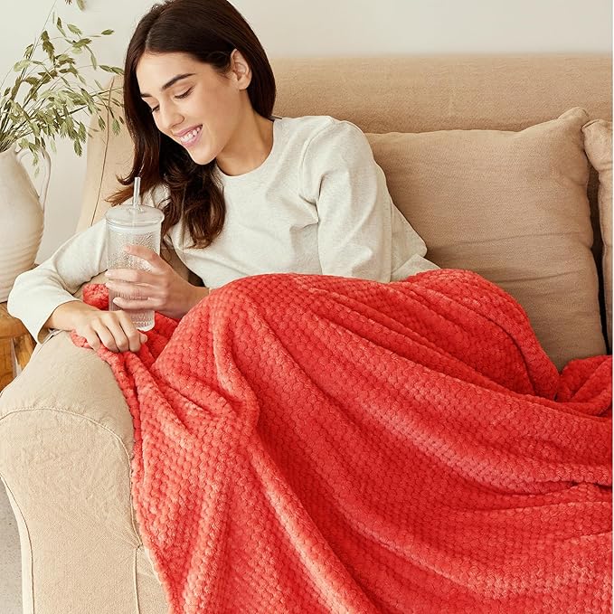 Exclusivo Mezcla Fleece Throw Blanket Extra Large, Super Soft and Warm Blankets for Couch, Sofa and Bed Waffle Textured, Cozy, Fuzzy and Lightweight (Coral Orange, 50x70 Inches)
