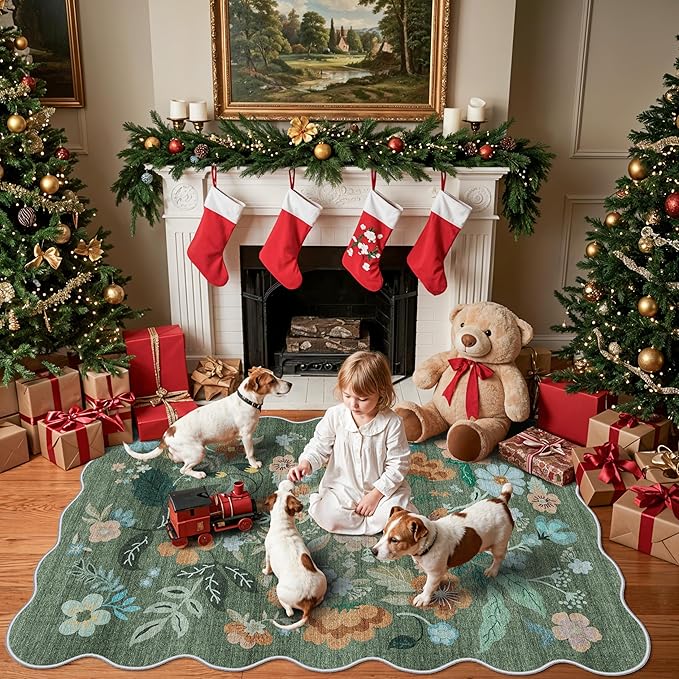 4x6 Living Room Area Rugs: Washable Farmhouse Nursery Kitchen Floral Rugs Non-Slip Small Cute Bedroom Carpet Non-Shedding Floor Mat for Kids Room University dormitory Decorative Rugs(4x6,Floral/Green)