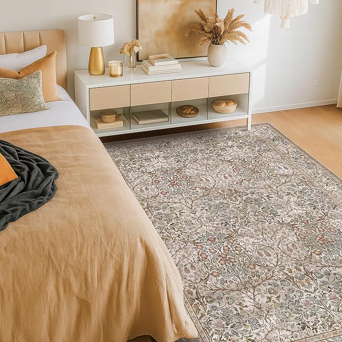 Vintage 4x6 Entryway Rug, Washable Area Rugs for Mudroom, Bedside Rugs Bedroom, Large Kitchen,Living Room, Office, Dorm, Non-Slip Low Pile Soft Stain Resistant Carpet Floral Moss Green Taupe Decor