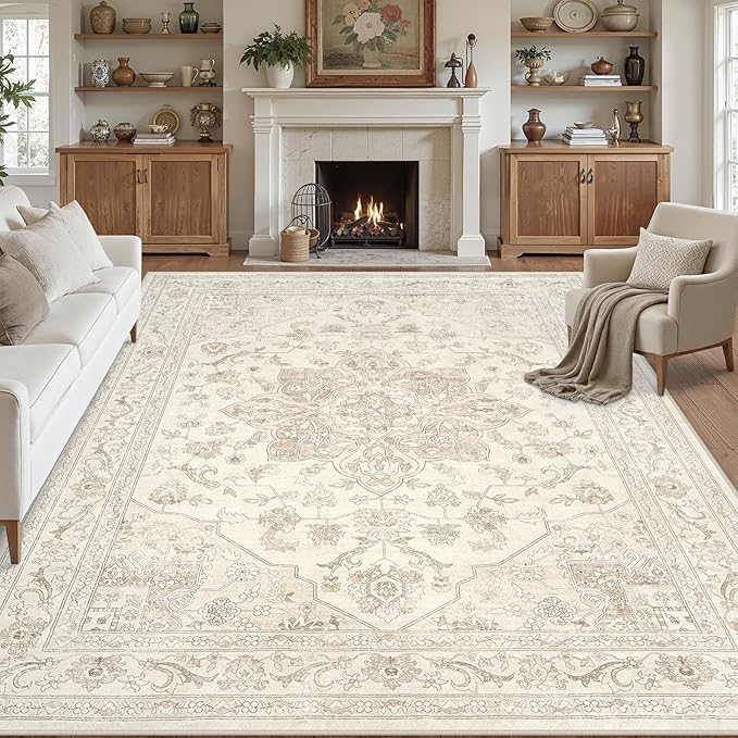 Area Rugs 9x12 Living Room: Vintage Boho Neutral Washable Rug Indoor Soft Large Area Rug Carpet for Bedroom Nursery Farmhouse Dining Room Office Floor Non-Slip Low Pile Under Table Rug Beige White