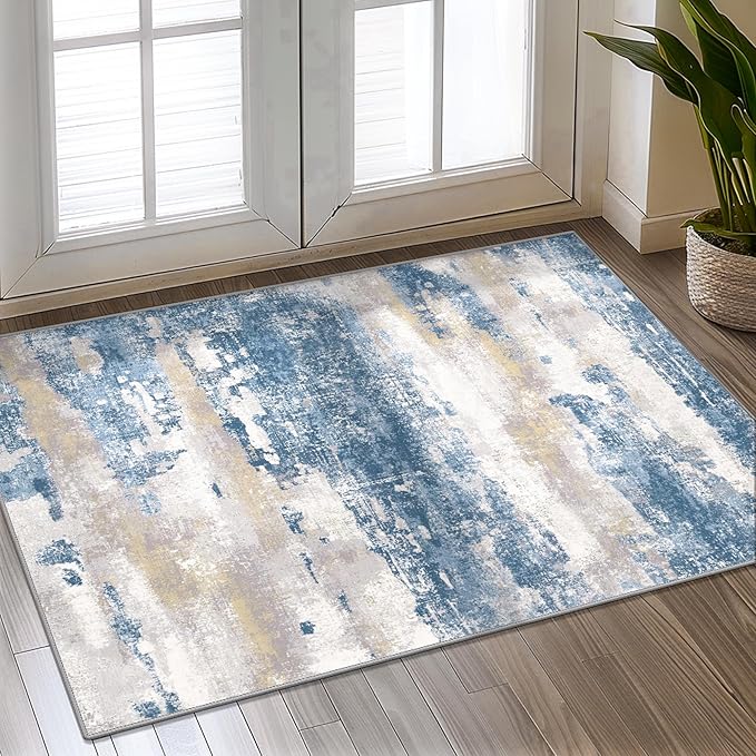 BEIMO 2x3 Rugs for Entryway Entrance Kitchen Bathroom, Machine Washable Modern Abstract Soft Area Rug, Indoor Floor Carpet with Non Slip Rubber Backing, Blue Cream