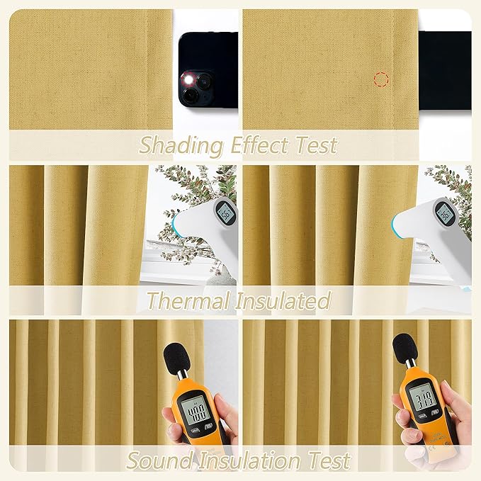 Guken 100% Blackout Curtains 72 Inch Length 2 Panels Set for Living Room Bedroom Back Tab Thermal Insulated Black Out Linen Drapes Room Darkening Window Curtains 72 Inches Long,Gold