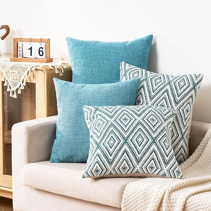 HPUK Decorative Throw Pillow Covers Set of 4 Geometric Design Linen Cushion Cover for Couch Sofa Living Room, 18"x18" inches, Aqua Blue