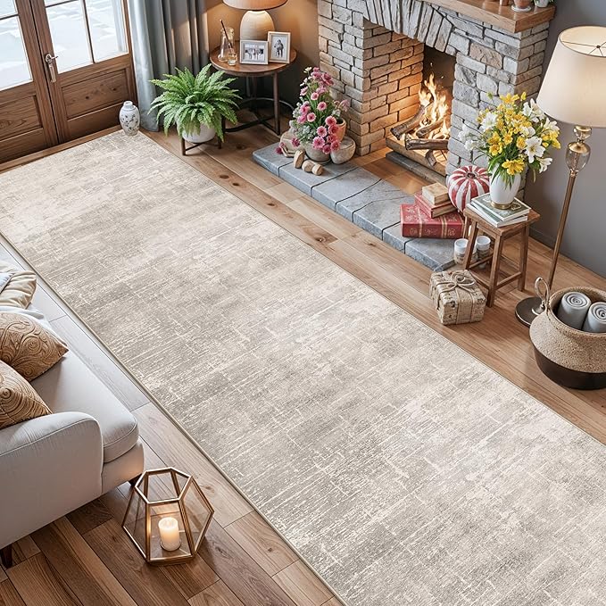 Hallway Washable Runner Rug - 2'6x14 Kitchen Rugs Stain Resistant Entryway Area Rug Abstract Soft Floor Mat Non-Slip Indoor Farmhouse Carpet for Bathroom Living Room Bedroom(2'6x14,Beige/Cream