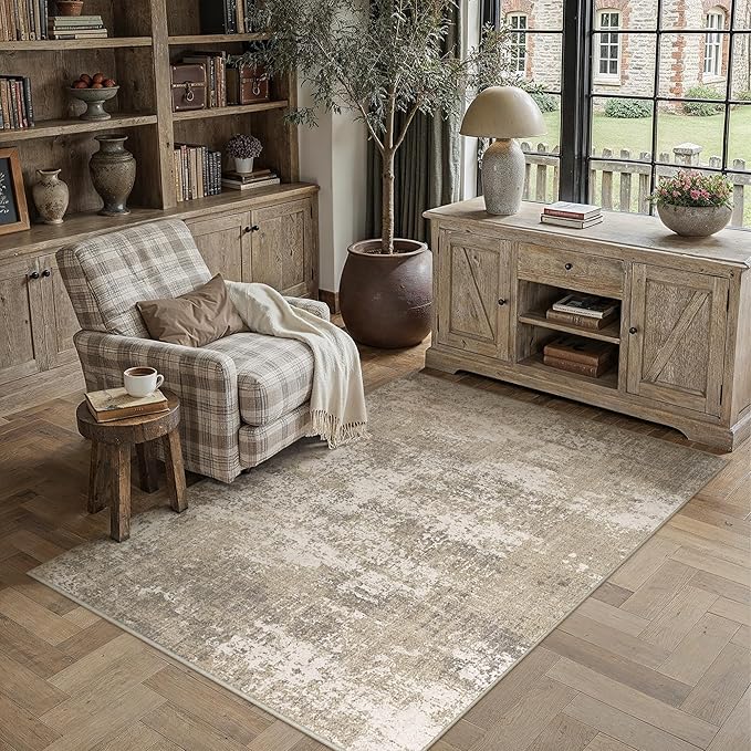 Beige Area Rug 4x6 Machine Washable Modern Abstract Office Carpet Neutral Non Slip Indoor Entry Low Pile Soft Non Shedding Small Mat Bedroom Throw Rug for Kitchen Laundry Dining Room