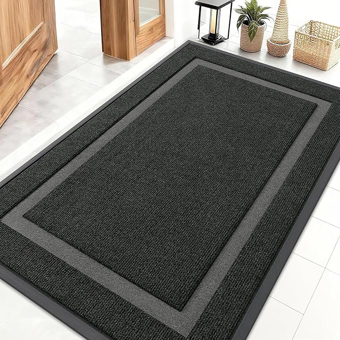 OLANLY Front Door Mat Indoor Outdoor Entrance, Waterproof All-Season, All-Weather Doormat, Sturdy Natural Rubber, Fade Resistant, Low Profile, Easy Clean Patio Porch Entryway Mat, 47x30, Black