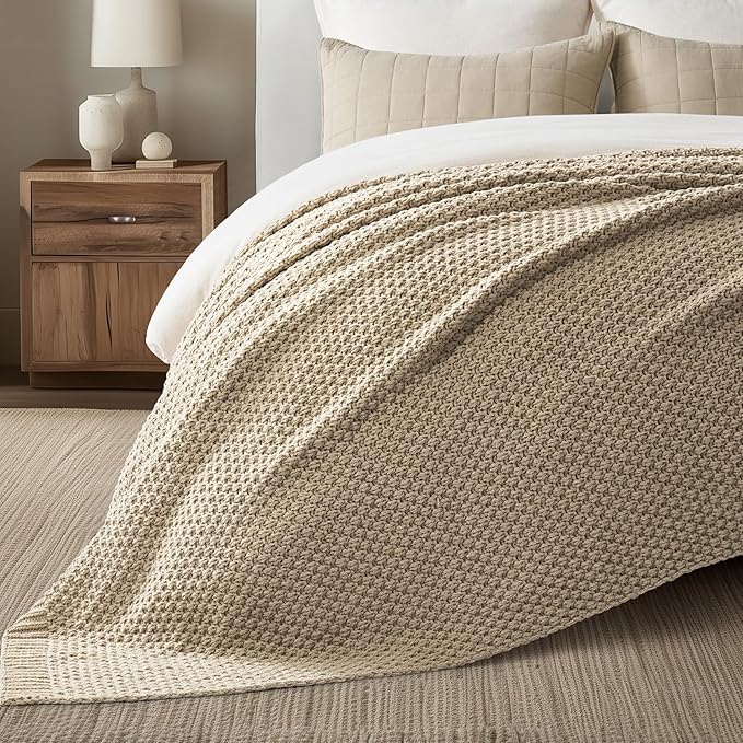 EVERGRACEHOME Chunky Chenille Knit Throw Blanket for Couch, Soft Luxurious Oversized Queen Moss Stitch Blanket for Bed, Cozy Farmhouse Knitted Throw for Sofa, Sand Dune, 90" x 90"