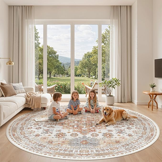 zesthome 8ft Round Rugs for Living Room, Non-Slip Washable Round Area Rugs, Ultra-Thin Large Circle Rugs, Soft Low Pile Rug for Bedroom, Kitchen - Vintage Stain Resistant Round Rug (Orange,8'x8')
