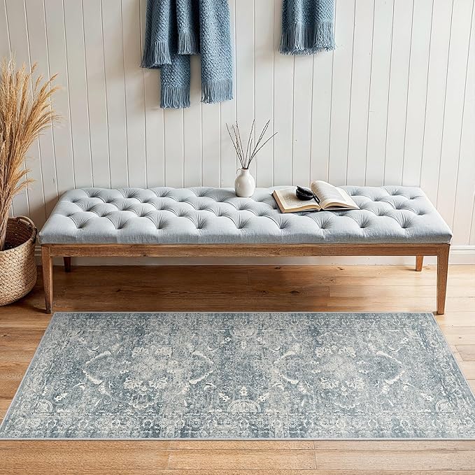 2x5 Washable Hallway Runner Rug - Non Slip Kitchen Runner Rugs with Rubber Backing Vintage Low-Pile Carpet Runners for Entryway Dining Room Laundry Room Home Decor (Blue)