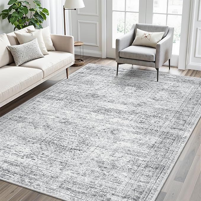 Soalmost 5x8 Area Rugs Grey Low Pile Indoor Washable Trendy Faded Style Rugs for Bedroom Living Room Dining Room Foldable Non-Slip Thin Print Home Office Mat