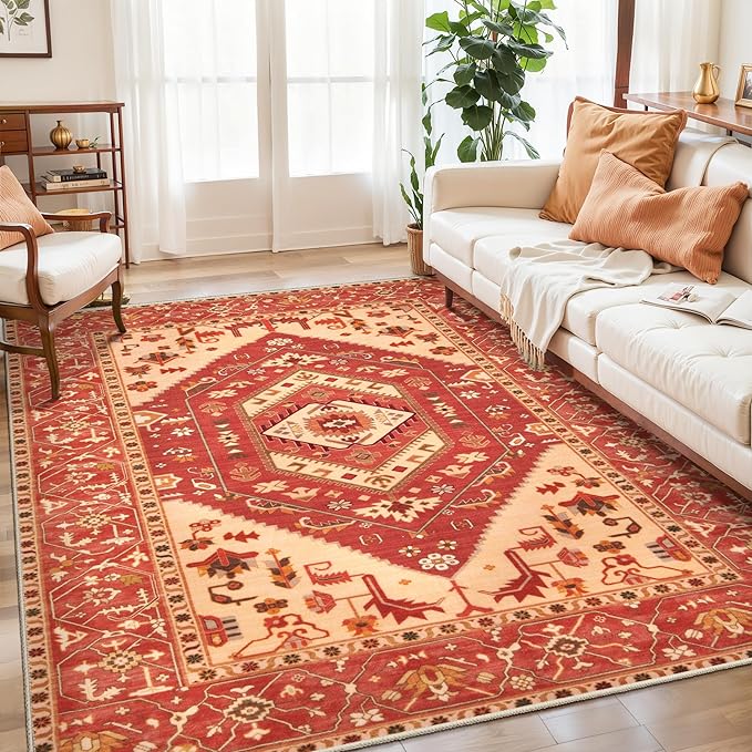 SERISSA 5x7 Boho Area Rug, Washable Non-Slip Rugs for Living Room, Large Red Rug Ultra Soft Vintage Oriental Print Distressed Carpet for Bedroom Dining Room Dorm Office Home Decor